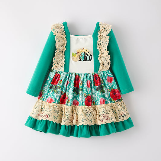 Girls Fall Pumpkin Floral Lace Long Sleeves Dress