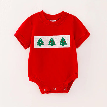 Boys Brother Christmas Tree Embroidery Smock Red Green Outfit