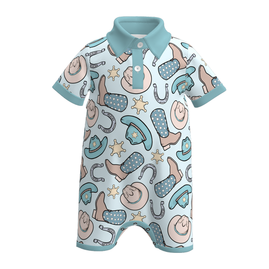 Baby Boy's Summer Boots Hat Print Romper