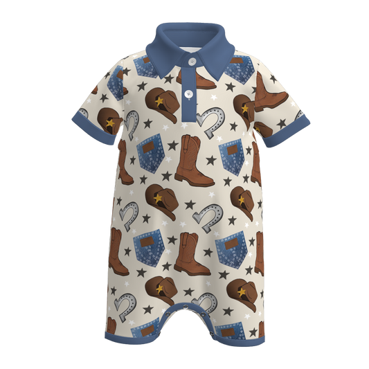 Baby Boy's Summer Boots Hat Print Blue Romper