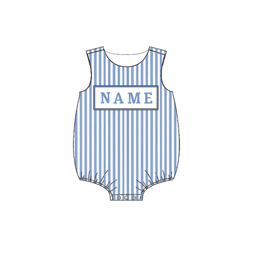 Baby Boy Summer Smocked Custom Name Blue Stripes Romper