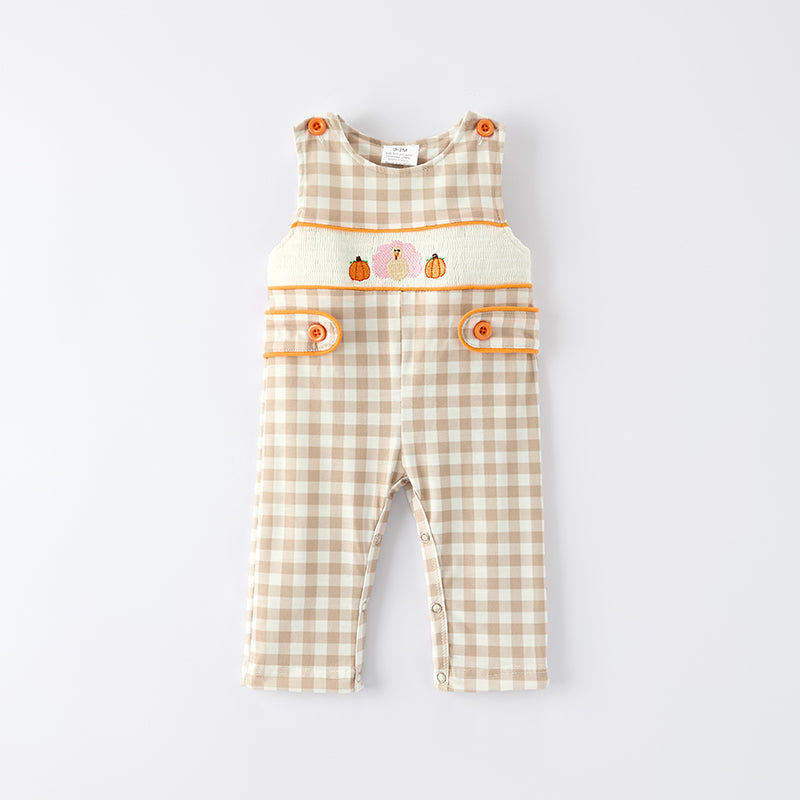 Baby Boys Thanksgiving Pumpkin Turkey Embroidered Plaid Romper