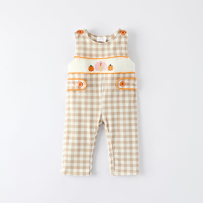 Baby Boys Thanksgiving Pumpkin Turkey Embroidered Plaid Romper