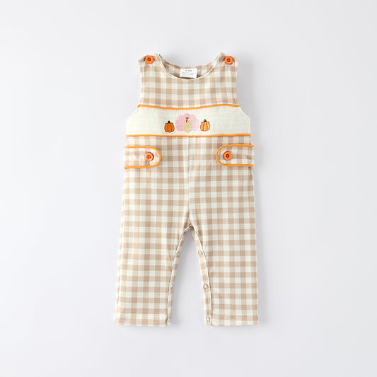 Baby Boys Thanksgiving Pumpkin Turkey Embroidered Plaid Romper