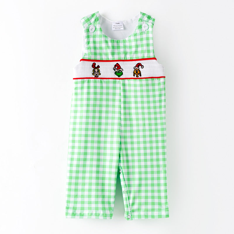 Baby Boys Christmas Green Plaid Cartoon Embroidery Smock Romper
