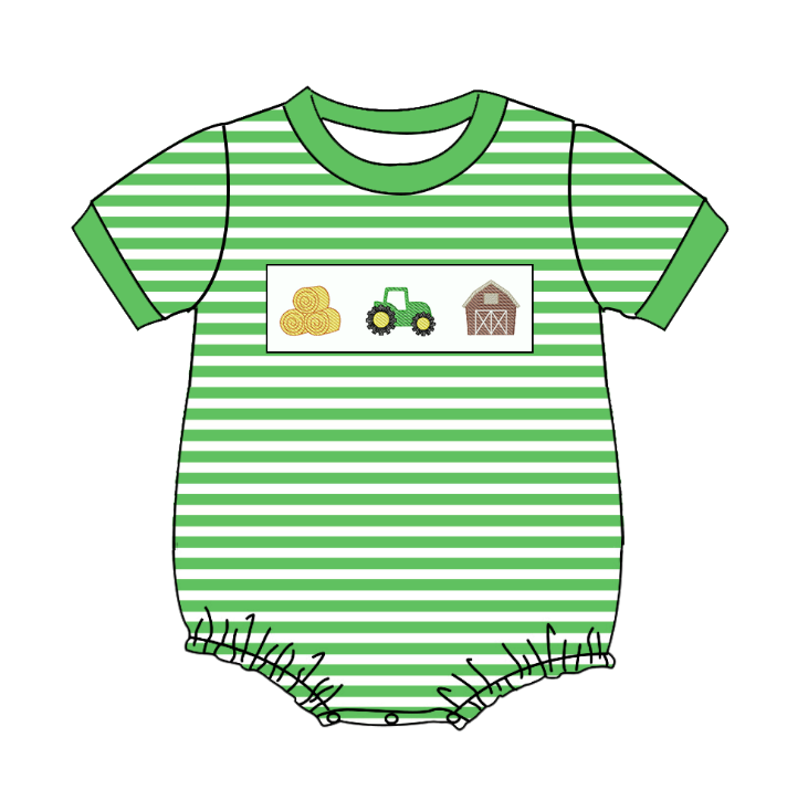 Boys Brother Summer Farm Embroidery Green Stripes Outfits