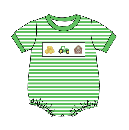 Boys Brother Summer Farm Embroidery Green Stripes Outfits
