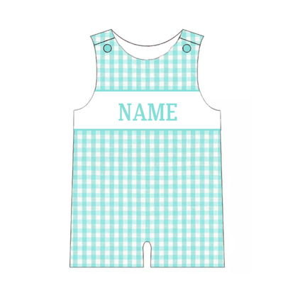 Boys Summer Custom Name Blue Plaid Romper Short Set