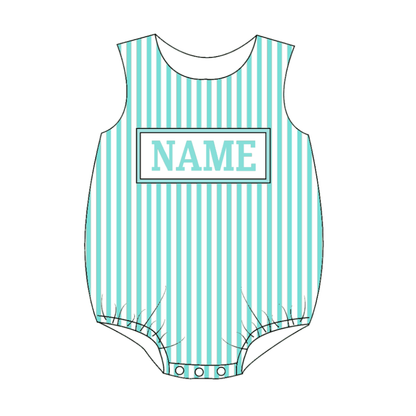 Boys Summer Custom Name Blue Plaid Romper Short Set