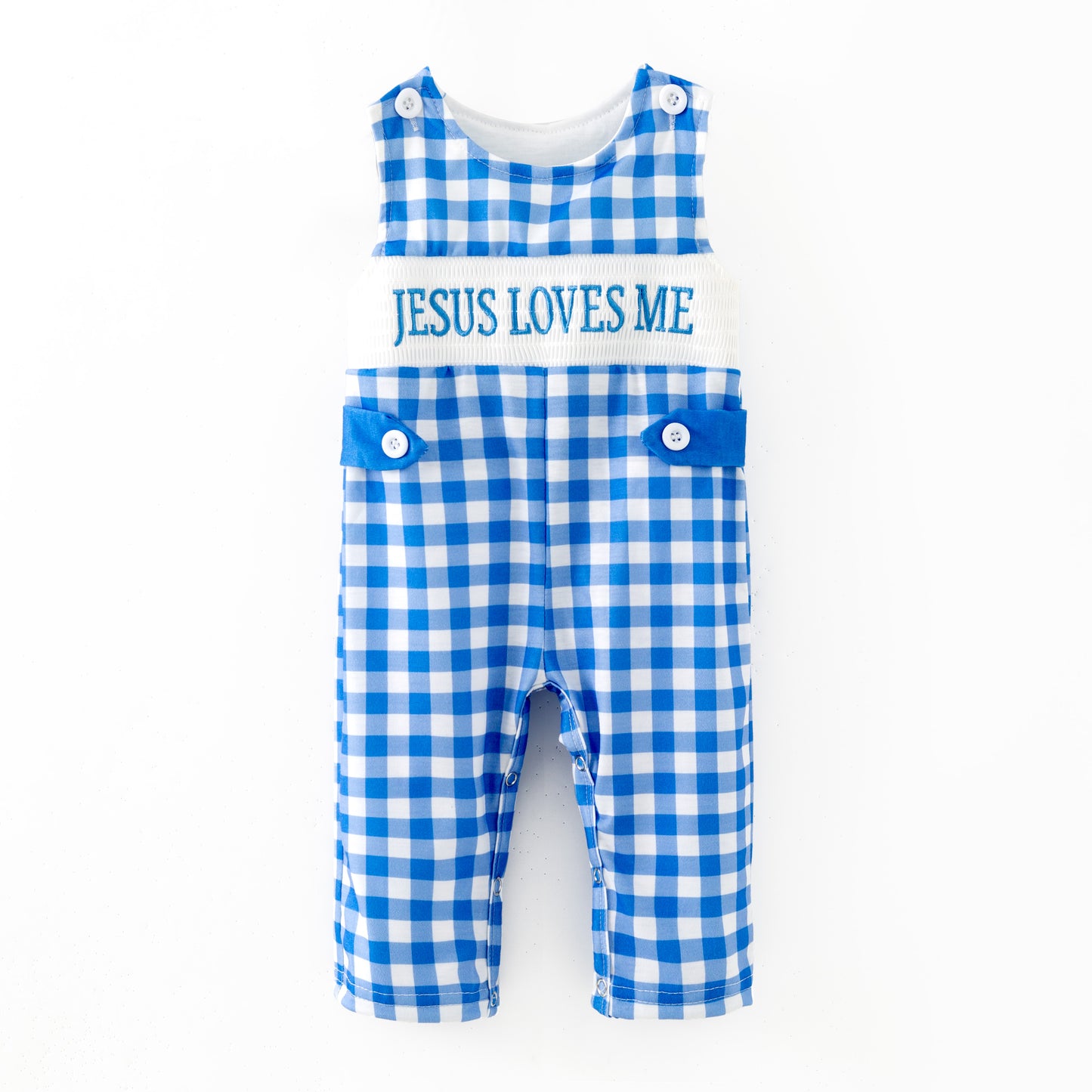 Baby Boy "JESUS LOVES ME" Blue Plaid Embroidery Romper