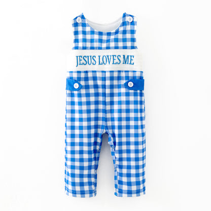 Baby Boy "JESUS LOVES ME" Blue Plaid Embroidery Romper