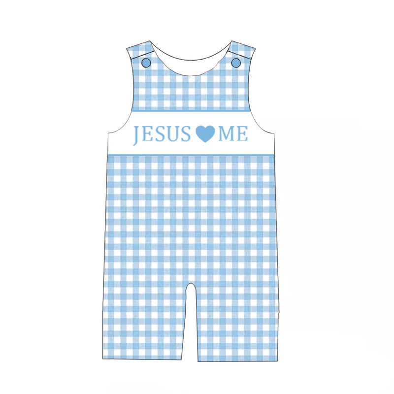 Sibling Kids JESUS LOVE ME Blue Floral Plaid Embroidery Clothes