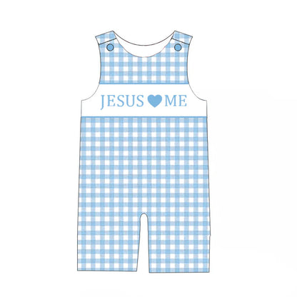 Sibling Kids JESUS LOVE ME Blue Floral Plaid Embroidery Clothes