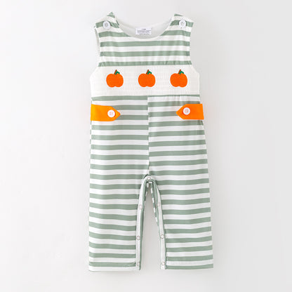 Baby Boys Halloween Stripes Pumpkin Embroidery Smock Romper