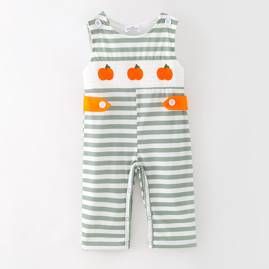 Baby Boys Halloween Stripes Pumpkin Embroidery Smock Romper