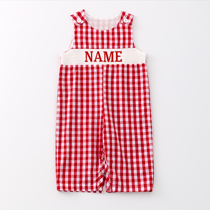 Baby Boy Summer Red Plaid Smocked Custom Name Romper