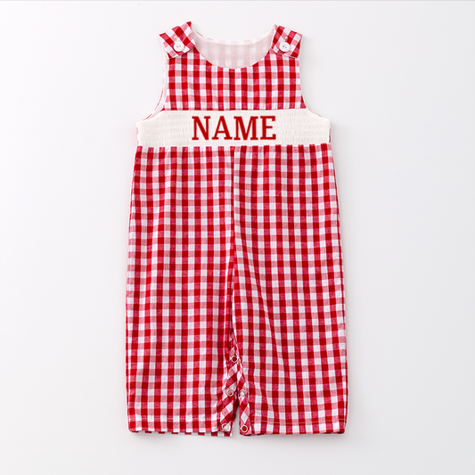 Baby Boy Summer Red Plaid Smocked Custom Name Romper