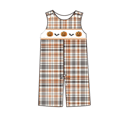 Kids Halloween Orange Plaid Collection-Pumukin Bat Smocked Embroidered