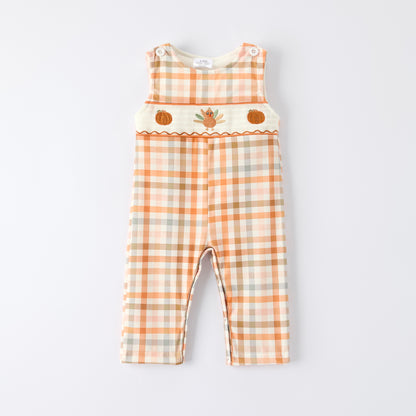 Boys Thanksgiving Pumpkin Turkey Embroidery Smock Fall Bubble Romper
