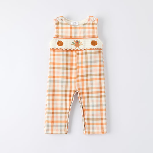 Boys Thanksgiving Pumpkin Turkey Embroidery Smock Fall Bubble Romper
