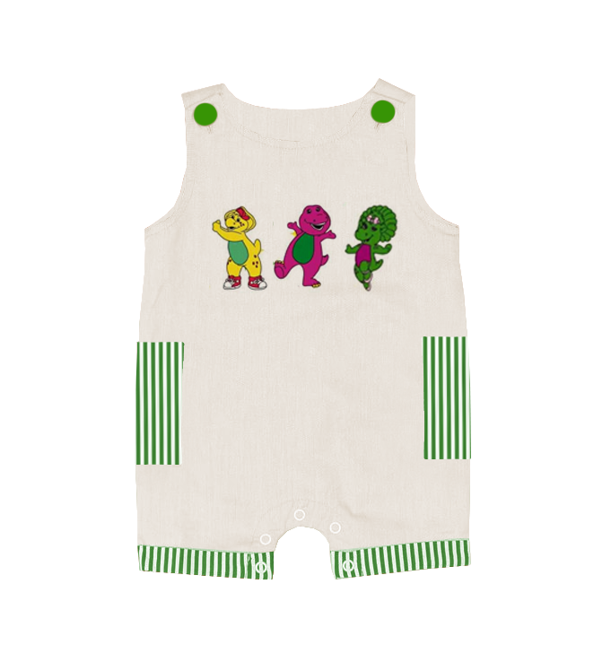 Kids Summer Cartoon Green Stripes Embroidery Sibling Clothes