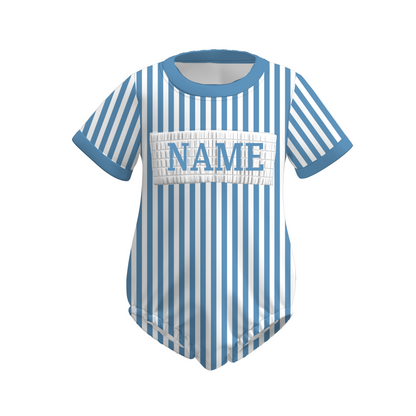 Kids Summer Custom Name Embroidery Blue Bow Stripes Sibling Clothes