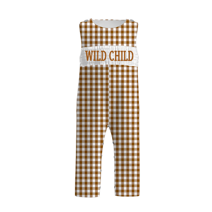 Kids Fall WILD CHILD Embroidery Brown Floral Plaid Sibling Clothes