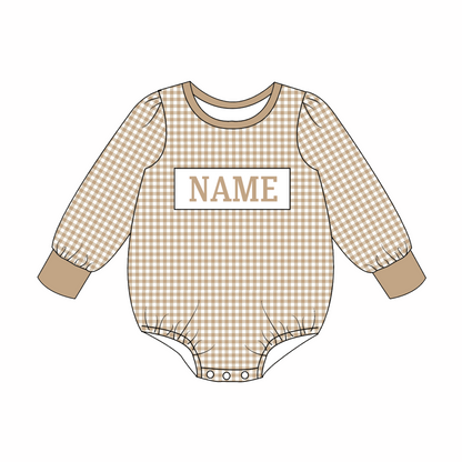 Kids Christmas CUSTOM NAME Embroidery Beige Plaid Sibling Clothes