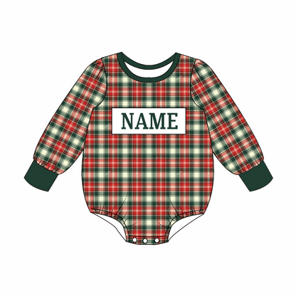 Kids Christmas CUSTOM NAME Embroidery Green Plaid Sibling Clothes