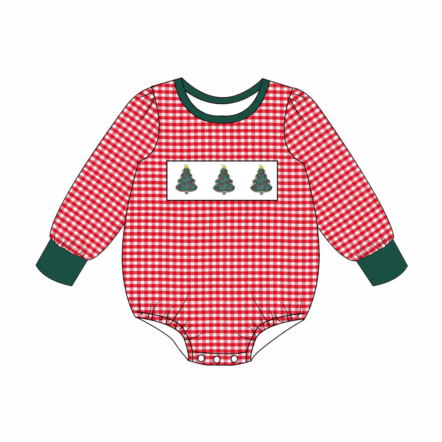 Christmas Smocked Collection – Red Gingham with Christmas Tree Embroidery