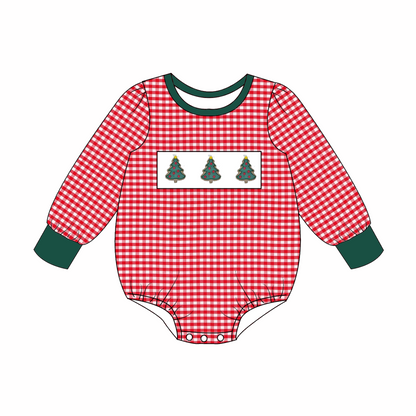 Christmas Smocked Collection – Red Gingham with Christmas Tree Embroidery