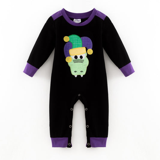 Baby Boys 2026 Mardi Gras Embroidery Black Cotton Romper