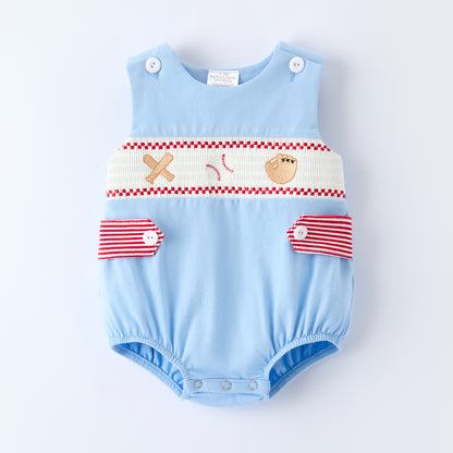 Boys Baby Summer Baseball Smocked Embroidery Blue Romper