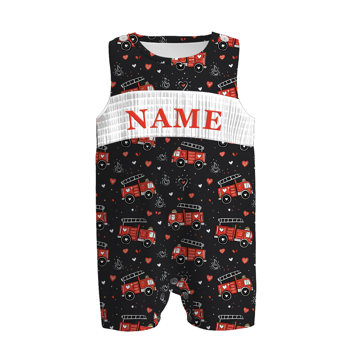 Boys V-days Fire Engine Custom Name Smock Embroidery Top & Romper