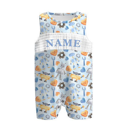 Boys Spring Summer Plaid Custom Name Smock Embroidery Top & Romper