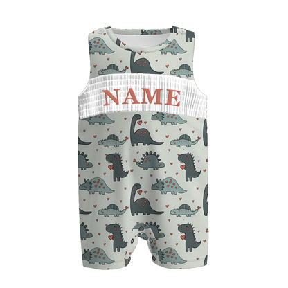 Boys Spring Summer Dinosour Custom Name Smock Embroidery Top & Romper