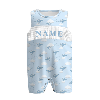 Boys Spring Summer Blue Plane Custom Name Smock Embroidery Collection