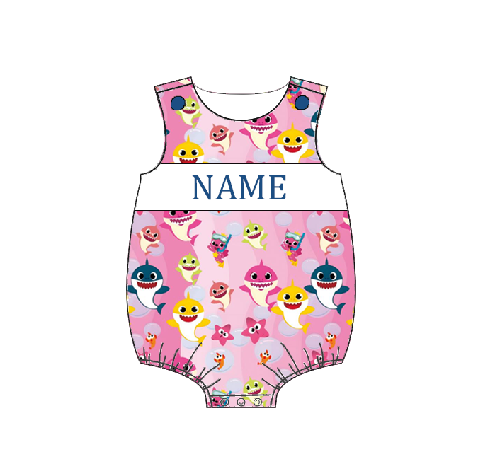 Custom Name Smocked Embroidery Baby Girl Shark Print Outfit Set | Personalized Boutique Toddler Clothing Collection