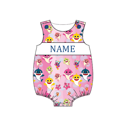 Custom Name Smocked Embroidery Baby Girl Shark Print Outfit Set | Personalized Boutique Toddler Clothing Collection
