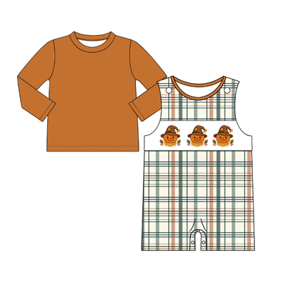 Fall Scarecrow Smocked Embroidered Kids Collection | Boutique Patchwork Plaid Dress, Romper & Boys Outfit | Autumn Harvest Clothing
