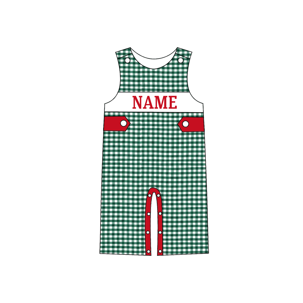 Personalized Christmas Green Gingham Smocked Outfits – Custom Name Embroidery Girls Dress, Baby Romper & Boys Pants Set