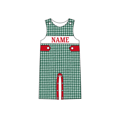 Personalized Christmas Green Gingham Smocked Outfits – Custom Name Embroidery Girls Dress, Baby Romper & Boys Pants Set