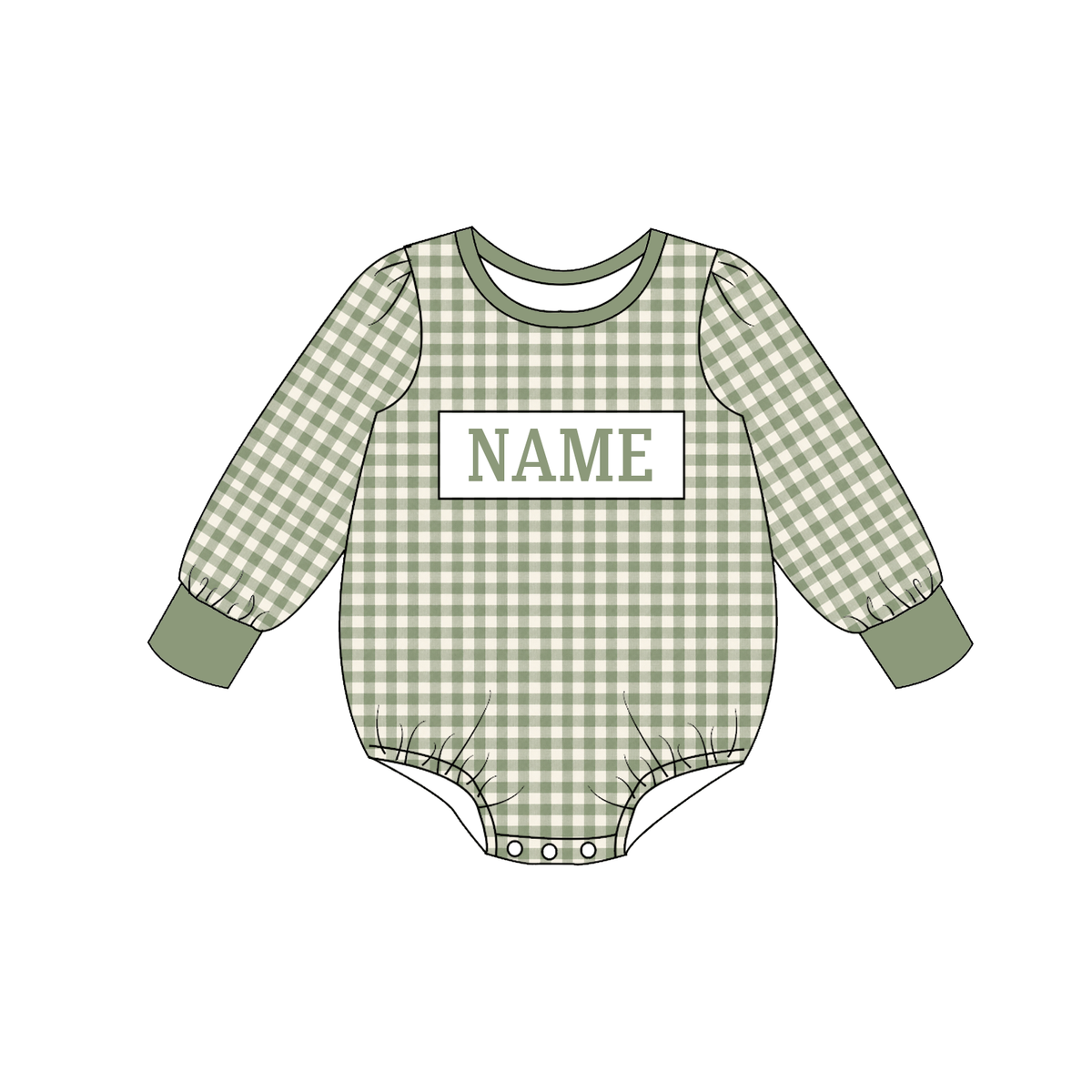 Personalized Sage Green Gingham Smocked Outfits – Custom Name Embroidery Girls Dress, Baby Rompers & Boys 2-Piece Set