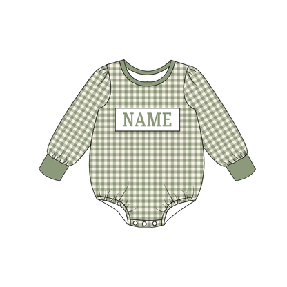 Personalized Sage Green Gingham Smocked Outfits – Custom Name Embroidery Girls Dress, Baby Rompers & Boys 2-Piece Set