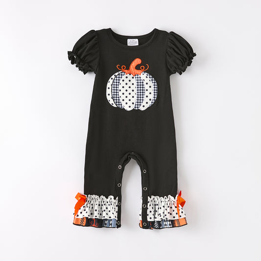 Baby Girls Halloween Pumpkin Applique Black Romper