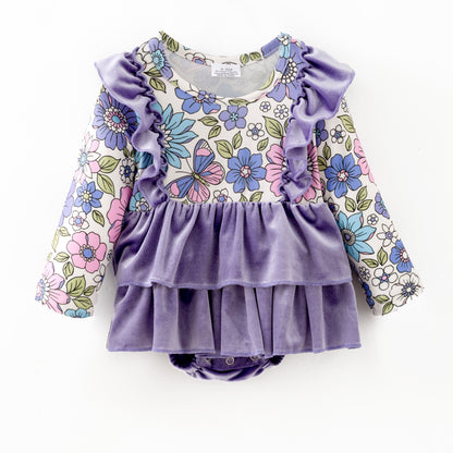 Baby Girls Fall Purple Velvet Top & Floral Bell-Bottom Romper Set