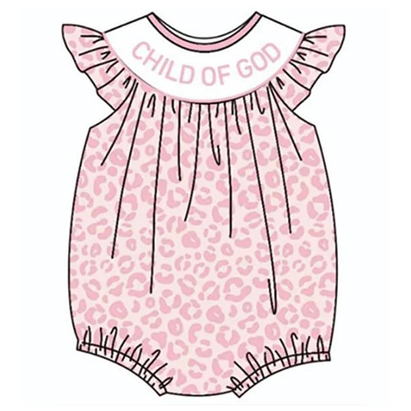 Girls Pink Leopard Strawberry Bow Embroidery Bubbles