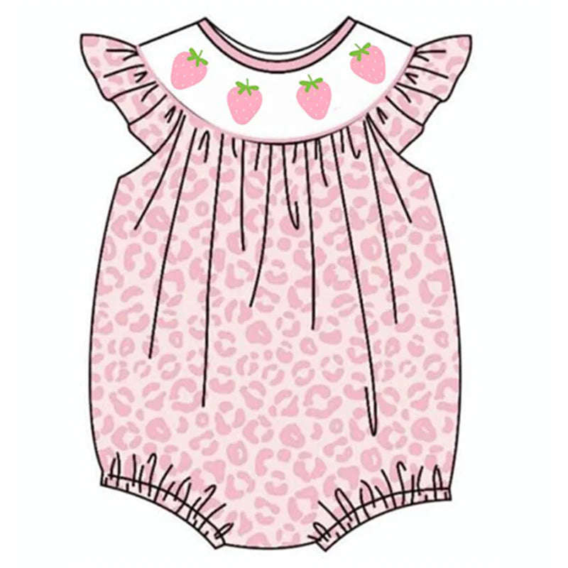Girls Pink Leopard Strawberry Bow Embroidery Bubbles