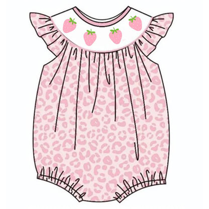 Girls Pink Leopard Strawberry Bow Embroidery Bubbles