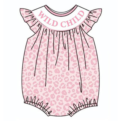 Girls Pink Leopard Strawberry Bow Embroidery Bubbles